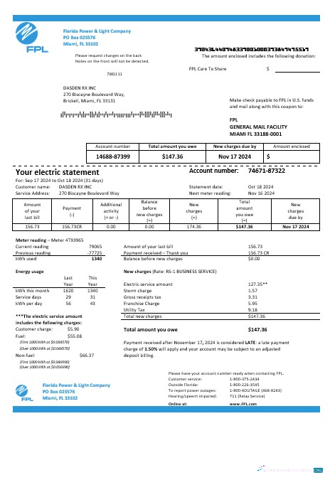 USA Florida Power & Light Company (FPL) electricity business utility bill template in Word and PDF formats